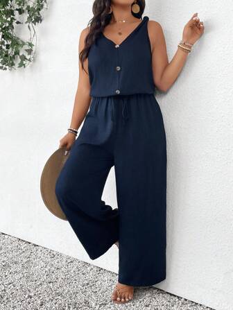 SHEIN Frenchy Plus Size Women Twist Knot V-Neck Tie Waist Jumpsuit