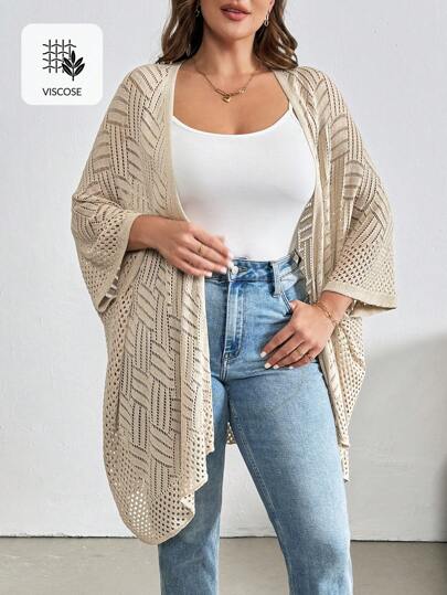 SHEIN Essnce Plus Size Women's Summer Casual Vacation Sun Protection Sweater Hollow Cardigan, Summer Women's Clothing, Cute Tops, Cardigan,Boho,Beach Women Outfits,Back To School Outfits,Teacher Clothes In Fall/Winter