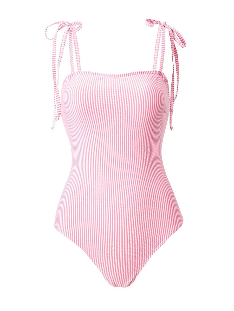 Swim Vcay 1 件女士条纹细肩带连体泳衣,适合度假和海滩 - 淺粉色 - 查看 1