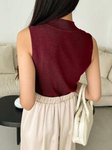 DAZY 女式针织高领轻薄打底衫无袖上衣背心 - 酒紅色 - 查看 2