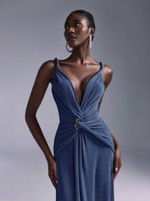 优雅浪漫 V 领无袖针织连衣裙，配有金属扣装饰、收腰和鱼尾下摆，适合伴娘 - 霧霾藍 - 查看 2