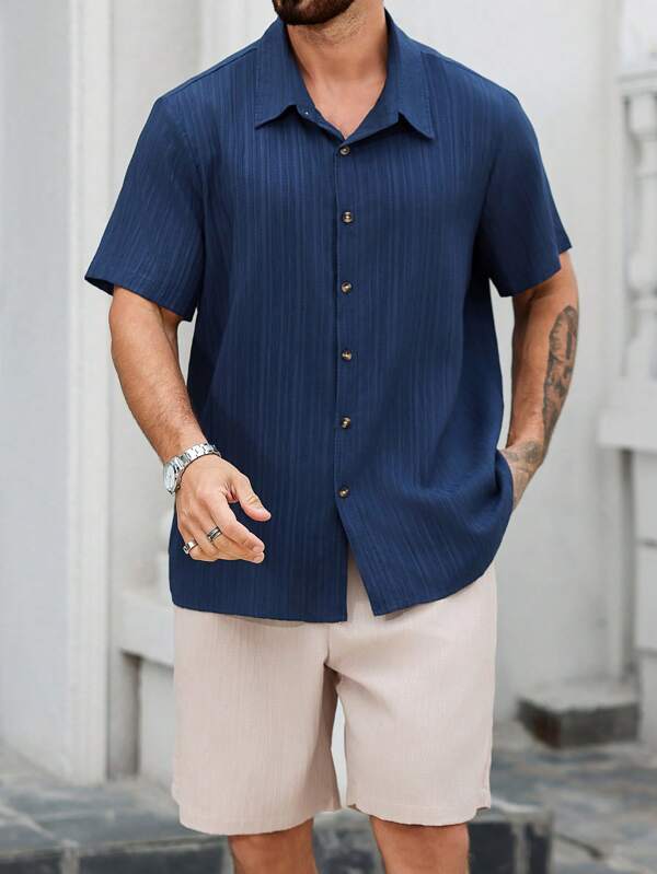Manfinity Homme Navy Blue Textured Striped Short Sleeve Shirt & Khaki Shorts Set, Plus Size Men Men Plus Size Shirt Co Ords, Men S Summer Clothes Set Plus Size
