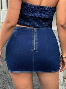 SHEIN ICON Minissaia jeans elástica lavada plus size Y2K Streetwear - Lavagem escura - Ver 2