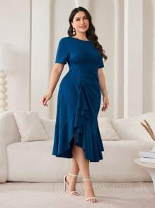 Modelyn 大码女式纯色圆领短袖荷叶边拼接优雅长裙 - 藍色 - 查看 7