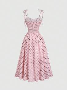 Sweetra 复古法式波尔卡圆点印花露背束腰蝴蝶结女式长裙，度假装