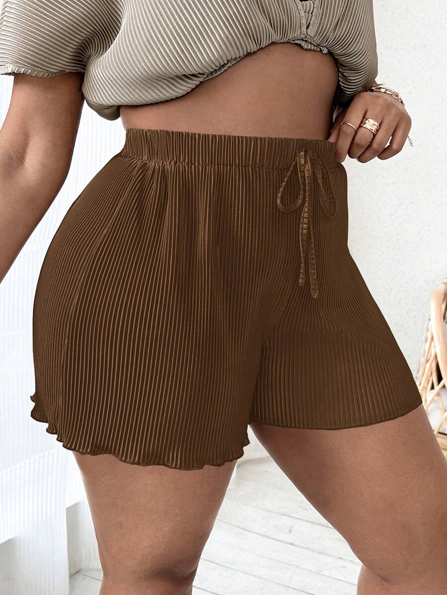 SHEIN SXY Plus Size Coffee Brown Textured Woven Fabric Casual Short Shorts With Drawstring And Pleated Detail - Coffee Brown - View 1