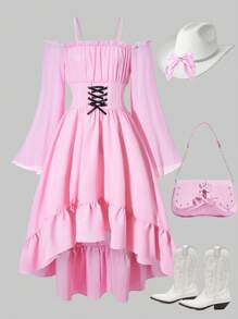 SHEIN Explorewe Tween Girl 褶饰高低优雅长袖连衣裙 - 粉色 - 查看 5