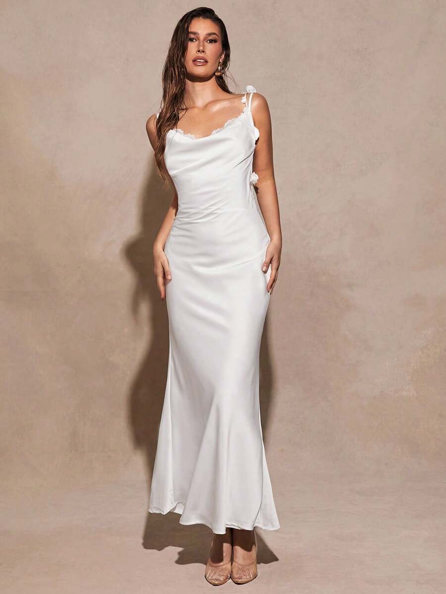 Silquee 白色性感优雅垂坠领花卉贴花鱼尾露背连衣裙，适合鸡尾酒会、浪漫约会、秋冬打底衫、派对、婚礼伴娘、夜间外出、万圣节、圣诞节、情人节 - 白色 - 查看 1