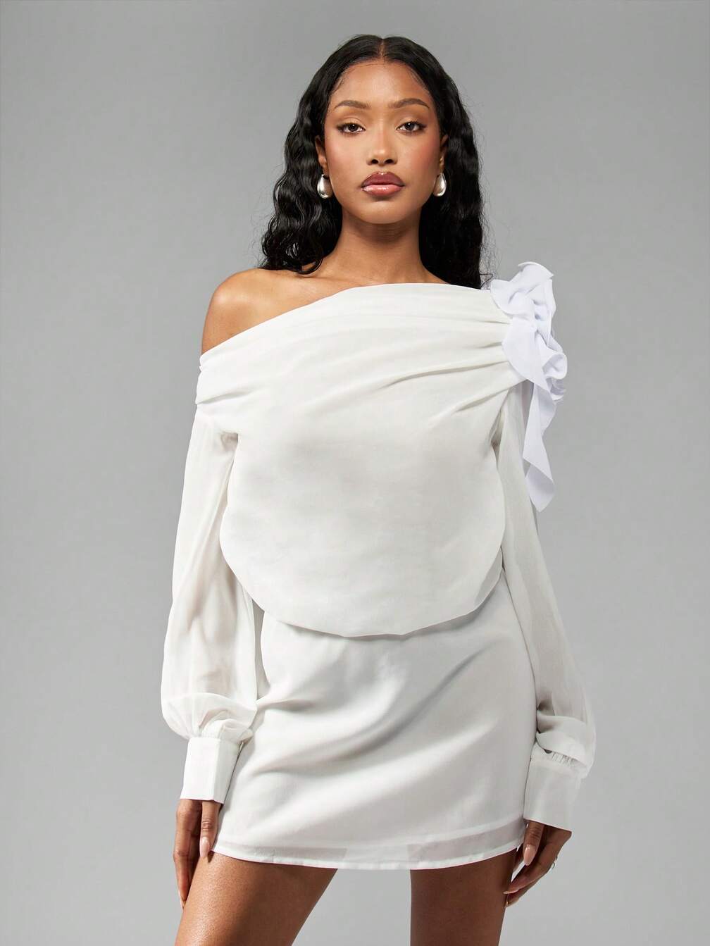 white one shoulder puff sleeve dress White Floral One Shoulder Evening Gown Puff Sleeve