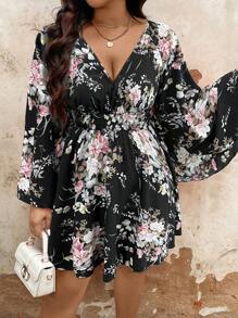 SHEIN Clasi Plus Size Floral Print V-Neck Long Sleeve Dress, Suitable For Summer Fall Cloth For Women - Multicolor - View 3