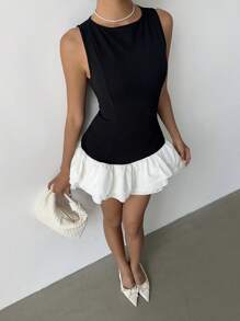 Aloruh Elegant Black & White Contrast Ruffle Hem Mini Dress, Summer - Black and White - View 6