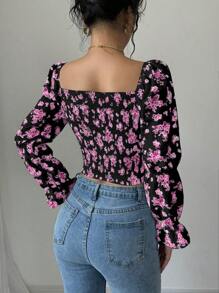 Rafferiza 白色碎花灯笼袖方领抽绳女式衬衫 - 彩色 - 查看 2