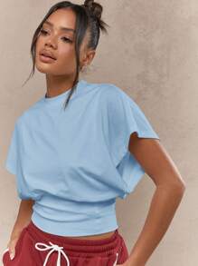 MISSGUIDED Oversized Balloon Sleeve Crop T-Shirt Casual Athletic Fashion Cinched Waist Workout Top Yoga Dance Studio Modern Contemporary Basic Essential - Baby Blue - View 3
