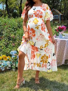 SHEIN Maternity Dress With Double Layer Ruffled Sleeves, Round Neck, Ruffled Hem Long Digital Print Dress - Multicolor - View 3