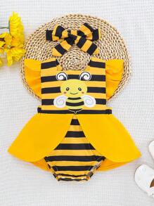SHEIN 1 pieza Pelele de manga corta con estampado de abeja y cintura elástica para bebé niña, conjunto de uso diario holgado y cómodo con diadema, nuevo lanzamiento de verano