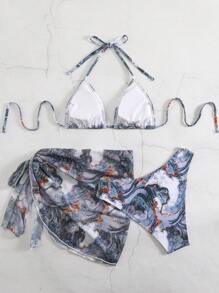 SHEIN Swim Summer Beach Marble Print Halter Bikini Set With Cover Up Skirt - Multicolor - View 2