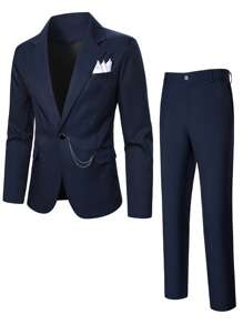 Manfinity Mode Conjunto de traje formal de negocios para hombres con blazer de manga larga con cuello de solapa y pantalones
