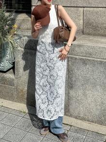 FRIFUL 女士圆领无袖蕾丝连衣裙，夏季度假生日派对长裙 - 白色 - 查看 3