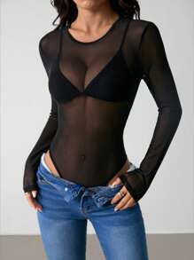 SHEIN PETITE See Through Mesh Bodysuit Without Lingerie - Black - View 3