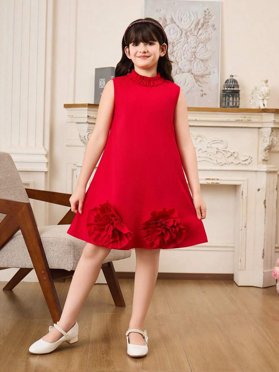 1 chiếc váy chữ A không tay cổ bèo nhún họa tiết hoa cho bé gái tuổi teen, thanh lịch cho tiệc tùng và tụ họp, mùa xuân/hè - Đỏ - Xem 1