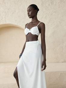 Ontre 2 Peças/Conjunto Mulheres 2025 Conjunto de Maiô com Recorte Sexy e Estilo Envelope Branco, Saia Estilo Maiô Bikini Ultracomprida Estilo Maxissaia para Praia e Férias - Branco - Visão 3
