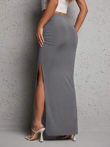 SHEIN PETITE 女士优雅纯色侧开衩裙，夏季 - 灰色 - 查看 2