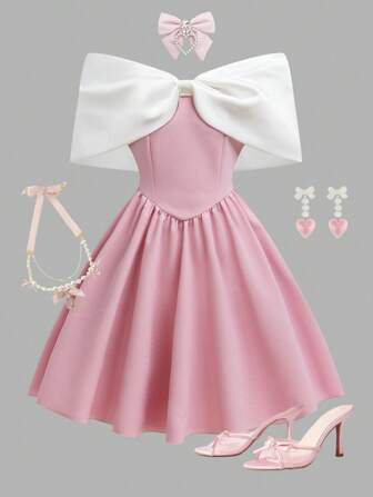 Sweetra Young Holiday,Summer,TravelTween Girl Elegant Casual Resort Dress, Off Shoulder Bow Short Flared Ruffle Hem Bow Decor Pink Dress, Suitable For Spring/Summer Outdoor Leisure Classy Girl Dresses For Girls