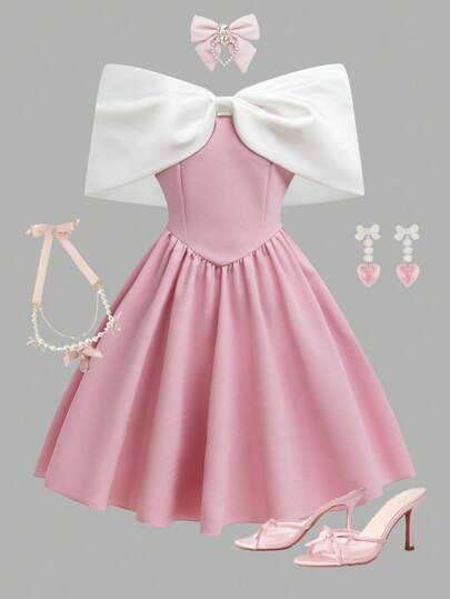 Holiday,Summer,TravelTween Girl Elegant Casual Resort Dress, Off Shoulder Bow Short Flared Ruffle Hem Bow Decor Pink Dress, Suitable For Spring/Summer Outdoor Leisure Classy Girl Dresses For Girls