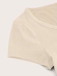 SHEIN EZwear Áo thun nữ cổ tròn tay lửng màu mơ tối giản giản dị, phù hợp cho mùa hè - Màu be - Xem 7