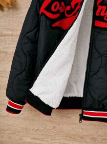 Tween Girl Letter Flocking Striped Trim Drop Shoulder Zipper Bomber Quilted Coat - Black - View 5