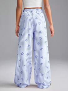SHEIN Tween Girls Spring/Summer Comfortable Trousers, Bow Striped Print Versatile Long Pants - Blue - View 2
