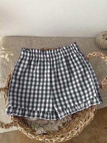 SHEIN LMoss Kids Babygirl 格纹松紧腰休闲短裤，黑色和白色，夏季 - 黑與白 - 查看 4