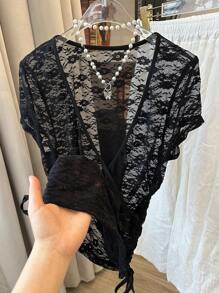 INAWLY T-shirt d'été sexy et transparent en dentelle pour femmes, avec cordon de serrage sur le côté