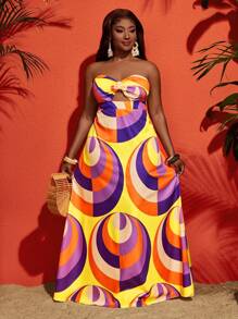 Slaydiva Plus Size Fashionable Contrast Color Print Bandeau Dress, Vacation Style - Multicolor - View 1
