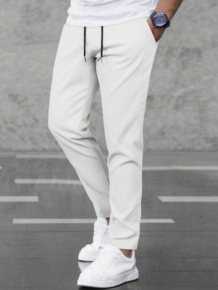 Manfinity Homme 男士纯色抽绳腰口袋休闲长裤，百搭，秋季 - 白色 - 查看 1