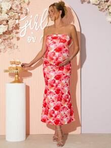 Loomaby Pregnant Women's Elegant Floral Print Mermaid Dress,Gender Reveal Dress,Baby Shower Dress,Maternity Dress - Red - View 1