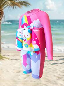 1pc Unicorn Print Raglan Sleeve One-Piece Swimsuit For Girls (Printed Design) - Multicolor - View 7