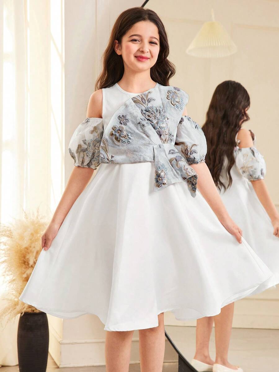 SHEIN Tween 女童休闲图案拼色多层圆领泡泡袖中长连衣裙 - 彩色 - 查看 1