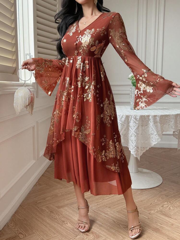 Vestido Midi Elegante com Estampa Floral Miúda Novo para o Verão, Adequado para Vestidos Longos de Festivais de Música