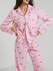 SHEIN Tall New Red & White Striped Printed Shirt & Pants Home & Casual Pink  2pcs Outfit - Pink - View 7