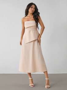 SHEIN PETITE Váy suông xếp ly hở vai mùa hè đơn giản thanh lịch có viền ô eo đế chế - Màu be - Xem 7