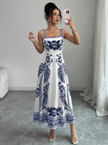 Elenzga Women's Summer Locational Printed Spaghetti Strap A-Line Dress - Navy Blue - View 5