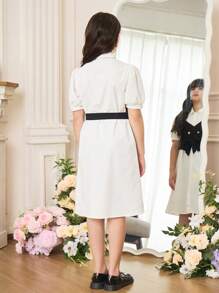 SHEIN 青少年女孩休闲日常穿着适合通勤和上学 - 二合一黑白对比背心裙 - 黑與白 - 查看 2
