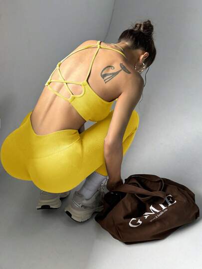 Slayform 2 件女式纯色后系带吊带背心和紧身裤运动套装，休闲运动装健身套装，适合农历新年瑜伽服瑜伽服瑜伽服