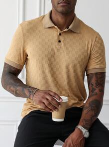 Manfinity Homme Manfinity Men's Casual Commute Jacquard Knit Short Sleeve Polo Shirt, Jacquard Fabric, Polos For Men, Polo Shirts For Men Collar, Men Clothes Men Polo Shirts