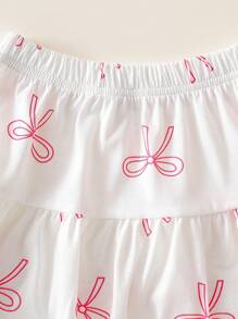 SHEIN Playful Pals 女婴可爱全身蝴蝶印花粉色短袖上衣和配套蝴蝶印花针织裙，夏季韩版 - 白色 - 查看 5