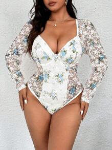 Celure Plus Size Elegant Allover Floral Lace Bodysuit, Autumn For Holiday Party Clothes