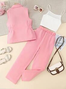 Teen Girl Solid Color Sleeveless Vest Camisole & Long Pants Suit, Spring Formal Set