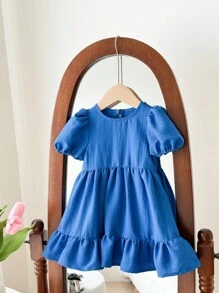 SHEIN LMoss Kids LMoss Baby Girl Cute And Simple Baby Girl Summer Casual Loose Bubble Short-Sleeved Dress With Textured Fabric