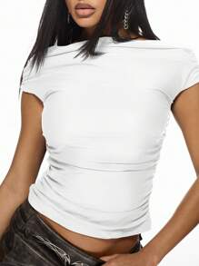 MISSGUIDED Off Shoulder Ruched Top Casual Party Club Festival Summer Fitted Crop T-Shirt Evening Short Sleeve Fashion Statement Essential Basic - White - View 7